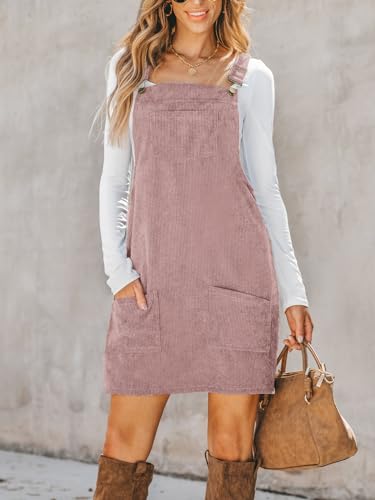 Image of CUPSHE Women Corduroy Fall Dresses Front Bib Pocket Square Neck Wide Strap Casual Overall Mini Dress