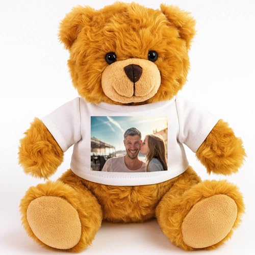 Ocadeau Ours Brun en Peluche avec Photo à Personnaliser - Ours en Peluche Marron avec t-Shirt Blanc à Personnaliser