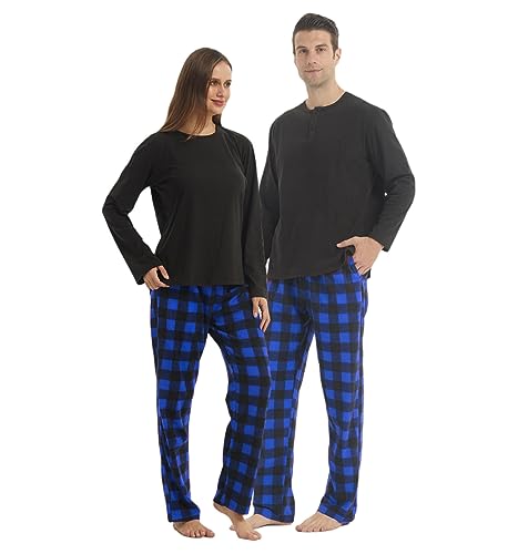 YUSHOW Matching Pjs for Couples,Plaid Pajama Set for Women and Men Soft Warm Fleece Shirt and Pants Sleepwear Set