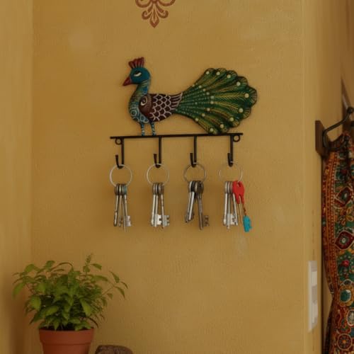 Image of Lamcy Plaza Handcrafted Peacock Wall Mounted Key Holder with 5 Hooks | Decorative Metal Key Hanger for Home Entrance, Living Room, Office, Entryway & Wall Decor