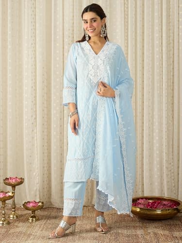 Image of INDO ERA Women's White Viscose Rayon Straight Embroidered Kurta