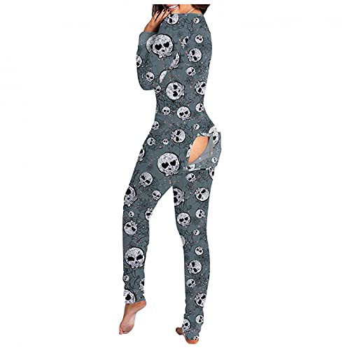 Masbird Halloween Jumpsuits for Women,Sexy Button-Down Skeleton Costume Jumpsuit Bone Print Sleepwear Gray