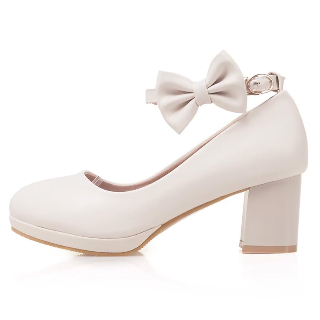 Damen High Heels Pumps mit Blockabsatz Riemchen Schleife