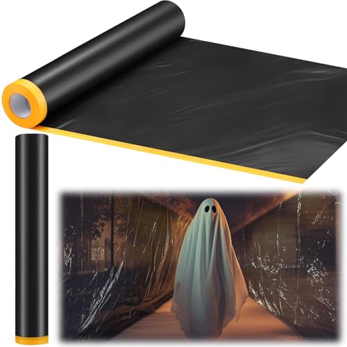 MotiMind 2 Rolls Halloween Black Plastic Sheeting for Haunted House 10 x 65 ft Spooky Giant Plastic Sheet Creepy Black Tarp for Halloween Party Supplies Decorations Haunted Decor