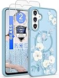 Yucenx for Samsung Galaxy A16 5G Floral Phone Case with 2X Screen Protector, Military Grade Magnetic Translucent Matte Girls Women Flower Pattern Protective Cover for A16 5G (Blue)