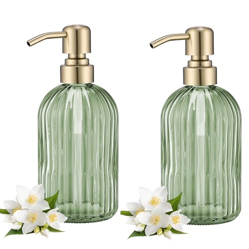 Image of 16Oz Green Glass Soap Dispenser with Rust Proof Stainless Steel Pump, Green Stripe Bathroom Hand Dish Lotion Dispensers with Brushed Gold Pump,Brushed Gold Glass Soap Dispenser,2 Packs