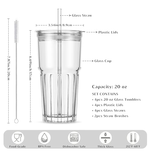 Image of INSETLAN 20 oz Clear Glass Tumbler Set with Lids and Straws - 4-Pack Iced Coffee Cups with Glass Straws & Brushes, Reusable Drinking Glasses for Smoothies, Tea, Juice, Beer, Cold Beverages