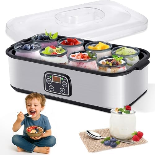 Yogurt Maker, Automatic Probiotic Yoghurt Maker Machine with 0-48H Adjustable Time & 68-131°F Temp Control, Stainless Steel Digital Yogurt Makers with 8 * 6 Oz Glass Yogurter Jars for Kitchen Home