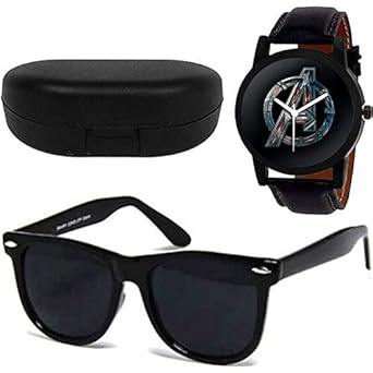Sheomy Combo Latest Boys/Mens Analog Avenger Black Dial Strap Watch with Aviator Sunglasses Black Stylish Goggles Sun glass with Combo of Avenger Printed Watch