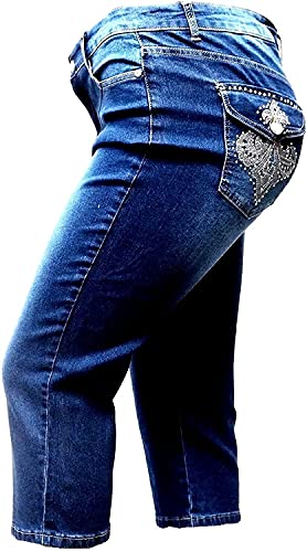 1826 Women's High Rise Blue Denim Jeans Capri (PC-935 Blue Rhinestone, 20W)