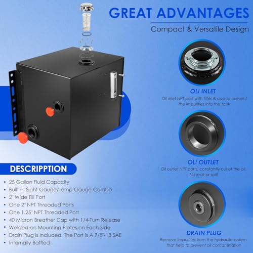 Image of 25-Gallon Hydraulic Fluid Reservoir Oil Tank for Tractors, Trucks & Log Splitters w /Breather Strainer Fill Cap, Built-in Temp Gauge & Sight Gauge, Heavy Duty 14 Gauge Steel, Vertical Mount