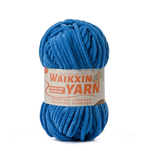 Image of (Blue) Super Soft Fuzzy Chenille Chunky Yarn for Crocheting, 100g (87yds) Fluffy Velvet Yarn for Hand Knitting Baby Blankets Weaving Craft