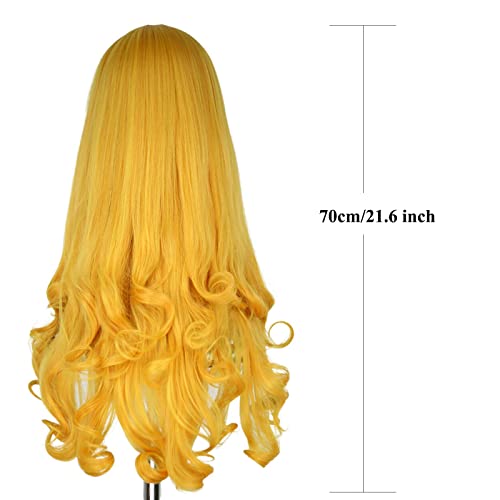 Yan Dream Princess Golden Long Curly Wig Halloween Costume Anime Cosplay Party Wavy Wig with Bangs for Women