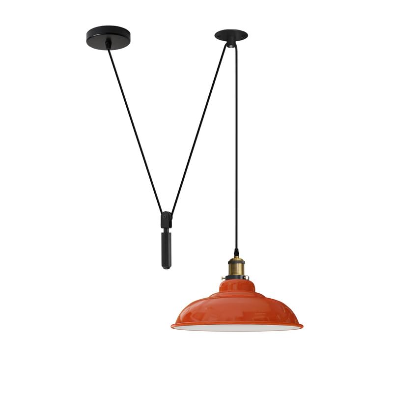 LEDSone Lámpara colgante de techo, pantalla ancha de metal, cable de altura ajustable de 2 m, base de bombilla Edison vintage de 60 W, E27, iluminación de polea industrial, lámpara de isla (naranja)