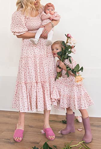 Mommy and Me Dresses Matching Set Summer Boho Dress Square Neck Ruffle Sleeves Floral Tiered Dress for Women and Girls2
