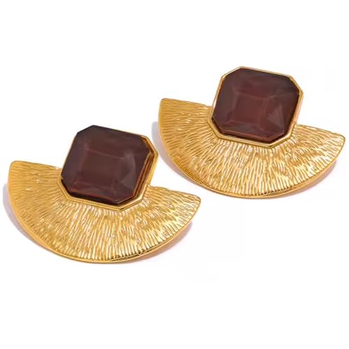 Chunky Gold Vintage Statement Earrings with Brown Stones – Bold Retro Fashion Jewelry for Women