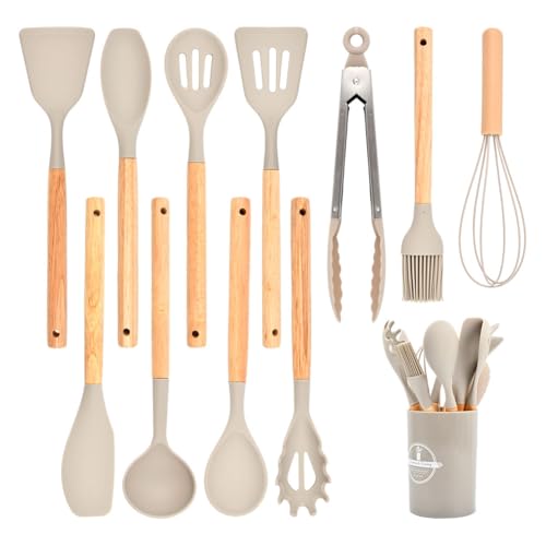 Küchenhelfer Set, Silikon Küchenutensilien Set, Antihaft Hitzebeständiger Holzgriff Kochbesteck mit Utensilienhalter, Spachtel Set, Kochlöffel,12-teilig(Khaki)