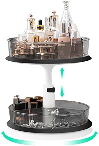 2 Tier Lazy Susan Organizer,Lazy Susan Turntable for Cabinet,Bathroom,Makeup, Turntable with Adjustable Height,with 1 Large Bin and 3 Dividers Bins, Removable, Clear Spice Rack (Grey)