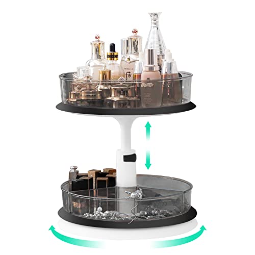 2 Tier Lazy Susan Organizer,Lazy Susan Turntable For Cabinet,Bathroom,Makeup, Turntable With Adjustable Height,With 1 Large Bin And 3 Dividers Bins, Removable, Clear Spice Rack (Grey) #TOP9