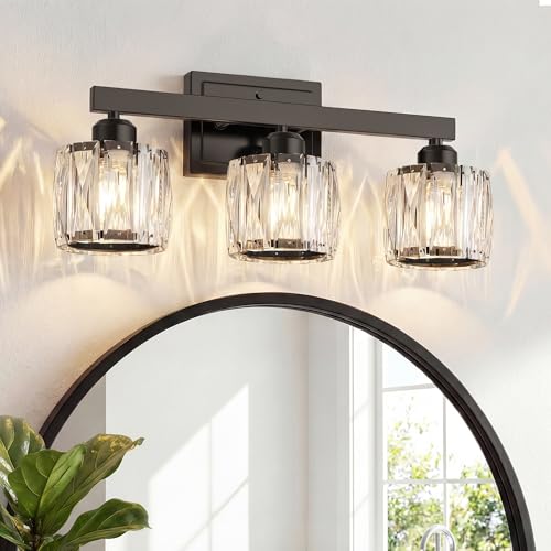 Image of VOLISUN Crystal Vanity Lights for Bathroom, 3 Light Bathroom Vanity Light, Modern Matte Black Bathrooms Light Over Mirror, Black Bathrooms Lights Fixtures-UL Certificated(Exclude Bulb)