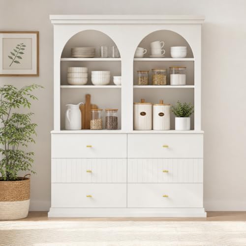 Image of ivaniti 71 inch Arched Kitchen Pantry Cabinet Set of 2 with 6 Drawers, White Freestanding Storage Hutch with Open Shelves and Gold Handles for Kitchen, Dining Room