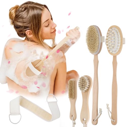 6PCS Dry Brush, Natural Boar Bristle Dry Brushing Body Brush, Detachable Wooden Long Handle Back Scrubber for Cellulite & Lymphatic Drainage, with 3D Airbag Massage Brushes, and Exfoliating Brushes