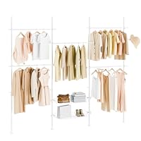 SoBuy Telescopic Clothes Rail, Heavy Duty Clothes Rack, Adjustable Open Wardrobe with Hanging Rails & Shelves for Bedroom, Walk-in Closet White KLS04-II-W