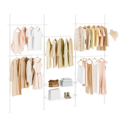 SoBuy Portant à vêtements télescopique solide - Penderie ouverte réglable avec tringles et étagères, Porte manteau pour chambre/dressing, Blanc KLS04-II-W