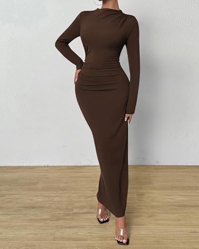 Image of BTFBM Women Bodycon Maxi Dress Long Sleeve Back Slit Ruched Elegant Party Cocktail Formal Fall Wedding Guest Dresses