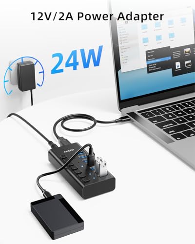 Image of AGEEN 7-Port USB 3.2 Gen 2 Hub, 10Gbps High-Speed Aluminum Powered Hub with 24W Adapter, Individual Switches & Surge Protection for PC /Laptop, Flash Drive, Printer, Camera