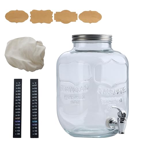 McEtt - Large Kombucha Brewing Jar Kit - 5 Liter (1.3 Gallon) Glass Fermentation Jar - SCOBY Hotel with Airtight Lid & Spout