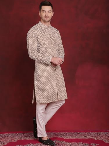 Image of Jompers Men's Silk Blend Regular Fit Sequin Chikankari Front Open Kurtas
