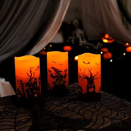 Homemory Halloween Candles, Orange Flameless Candles, Flickering Battery Operated LED Pillar Candles with Remote Timers, for Halloween Decoration, Day of The Dead, Set of 3