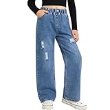 Rolanko Girls Jeans Bootcut Ripped Elasticated Waist Retro Style Denim Pants for Kids Fit, Blue Hole, Size: 170