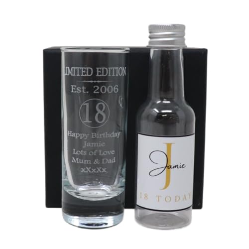 Laser Engraved Est 2006 18th Birthday Shot Glass Set with Personalised Gold Initial Miniature Alcohol Bottle Gift For Son or Daughter | Girls & Boys (Vodka/No Gift Box) 37.5% vol