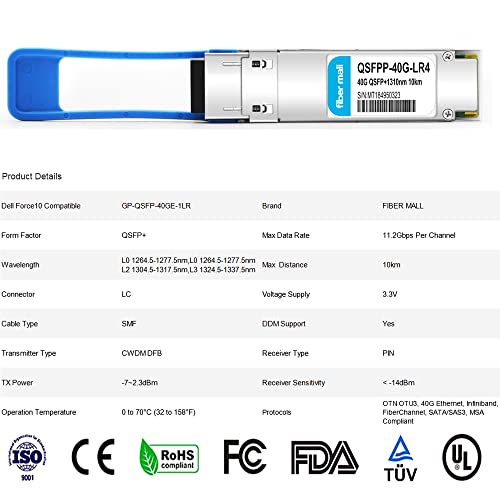 Image of 40G QSFP + LR4 for DELL Force10 GP-QSFP-40GE-1LR, 430-4917, QSFP-40G-LR4,407-BBGN,40GBASE-LR4, QSFP+ 1310nm (CWDM4) 10km LC DOM Optical Transceiver Module