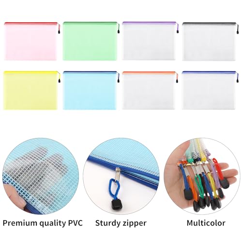 EOOUT USA 16pcs Plastic Mesh Zip Document Pouches File Folders with A4 Size Paper, Office Supplies, Travel Storage Bags,8 Colors (16), Multi-Coloured