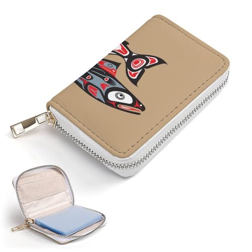 Women Leather Coin wallet, Key Change Organizer Zipper Card Holder Purse Clutch Pouch Pocket 4.5x3.15 in Print Salmon Fish Native American Style On Brown2