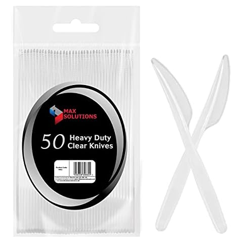 Max Solutions 50 Heavy Duty Clear Plastic Knives Tableware Cutlery BBQ Picnic Camping Party Portable Reusable Cover