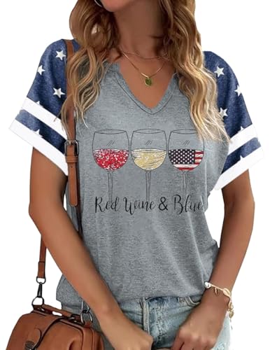 Women Red White and Blue V Neck Shirts American Flag Shirt 4th of July Tops Funny Wine Glass Graphic Tees Summer Patriotic Tops(L,B-Grey-1)