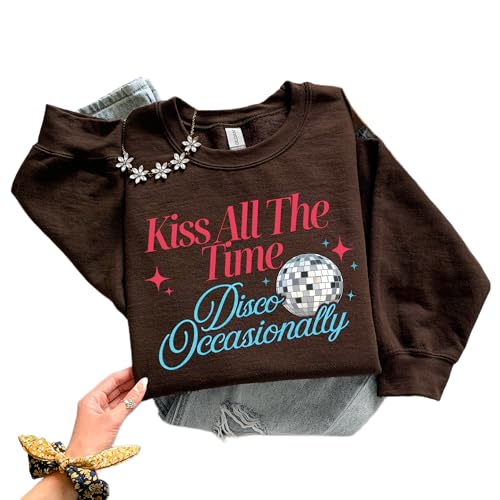 DAYLEA Retro Disco Ball Kiss All The Time Dark Chocolate Sweatshirt – Vintage Dance Party Graphic Crewneck Pullover, Music Lover Gift