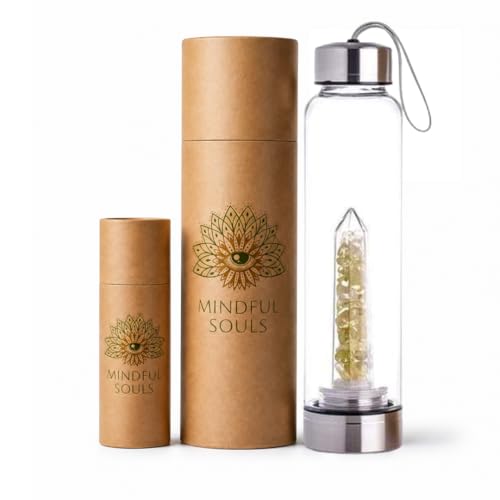 MINDFUL SOULS Crystal Water Bottle With 100% Natural Crystals - Reusable Glass Moon Water Bottle for Hydration, Positivity, and Well-being - Crystal Infused Hydration (Citrine)