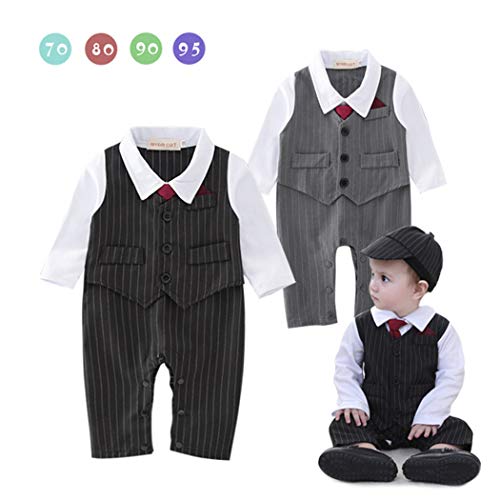 Nine Minow Baby Tie Striped Vest Formal Wear Wedding Baby Boy Romper Oneise (Grey, 3-6 Months)