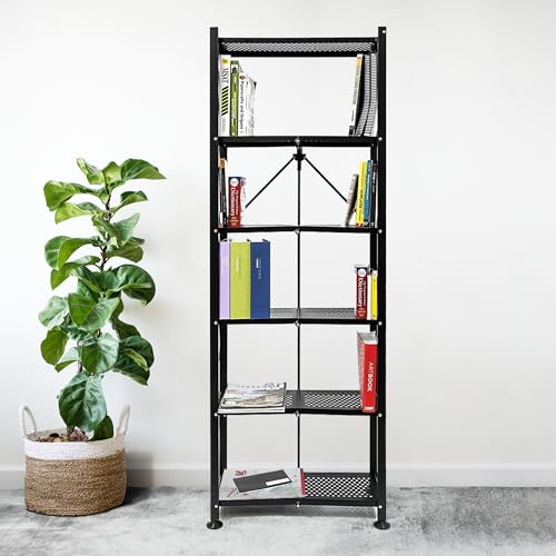 Image of Origami 6-Shelf Bookcase | Open Style, Organizer Deco Rack, Large Book shelf, Tall Bookcase, Living room shelving, Freestanding, No assembly /no tools required, Modern Vertical Furniture | Black