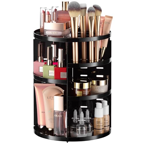 Image of 360 Rotating Makeup Organizer - Adjustable Shelf Height and Fully Rotatable. The Perfect Cosmetic Organizer for Bedroom Dresser or Vanity Countertop. (Black)