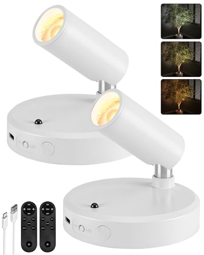 EZVALO Spot Lights Indoor, 5500mAh Rechargeable Picture Lights with Remote, Wireless Mini Art Accent Spotlights with Timer & Dimmable, 3-CCT, Uplights Indoor for Plants, Display (2-Pack-White)