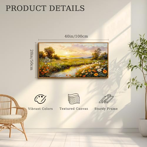 crmotu Large Landscape Wall Art, Flower Pictures Wall Decor, Framed Wall Art, Wetland Sunset Scenery Canvas Prints, Riverside Wildflowers Wall Paintings for Living Room Farmhouse Kitchen 20x40inch