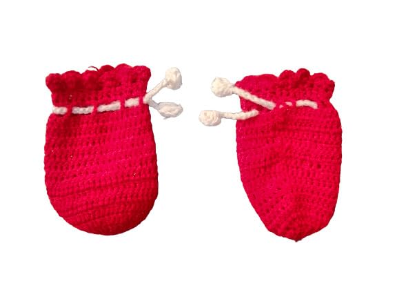 NILU CRAFT Baby (Boy and Girl) Winter one Cap, one Pair Mittens and one Pair Socks Hand Knitted by Wool (0 to 6 Months, Red and White) - Image 3 thumbnail