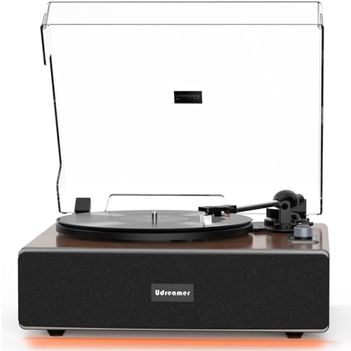 Udreamer Vinyl Record Player with Bluetooth Input, All-in-One Turntable with Built-in Speakers, AT-3600L Cartridge, Belt Drive 33/45 RPM, Auto Stop, Adjustable Lighting