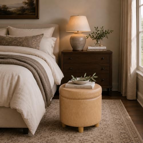 Image of HomePop 19 inch Round Storage Ottoman - Sand Faux Leather
